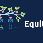 Illustration of equity showing three individuals provided equal footing in order to reach an apple on tree branch