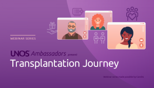 Purple background with three computer monitor shapes with 3 individuals smiling, cartoon style