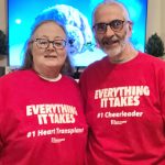 Terri and George Cecere wearing red t-shirts with text, Everything it takes. Terri's says #1 heart transplant. And George's says #1 Cheerleader.